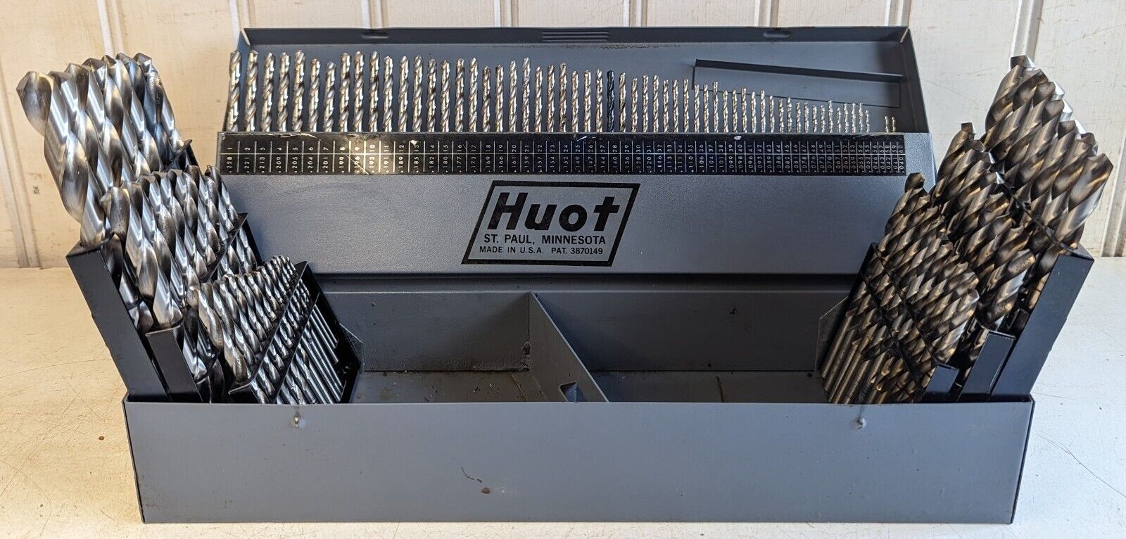 HUOT Drill Index metal box with assorted drill bits HS / HSS Made In USA 