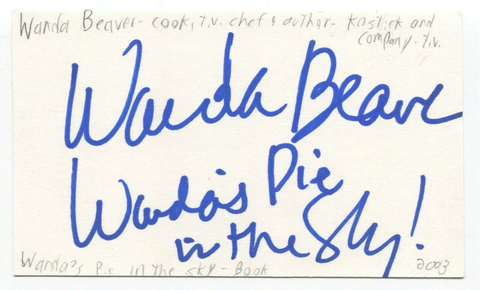 Wanda Beaver Signed 3x5 Index Card Autographed Canadian Chef Cooking 
