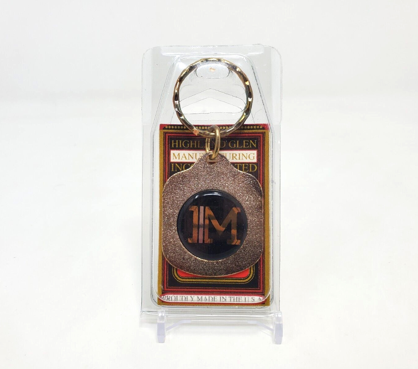 M Black Metal Key Chain Gold Ring USA Highland Glen Mfg Vintage NIP