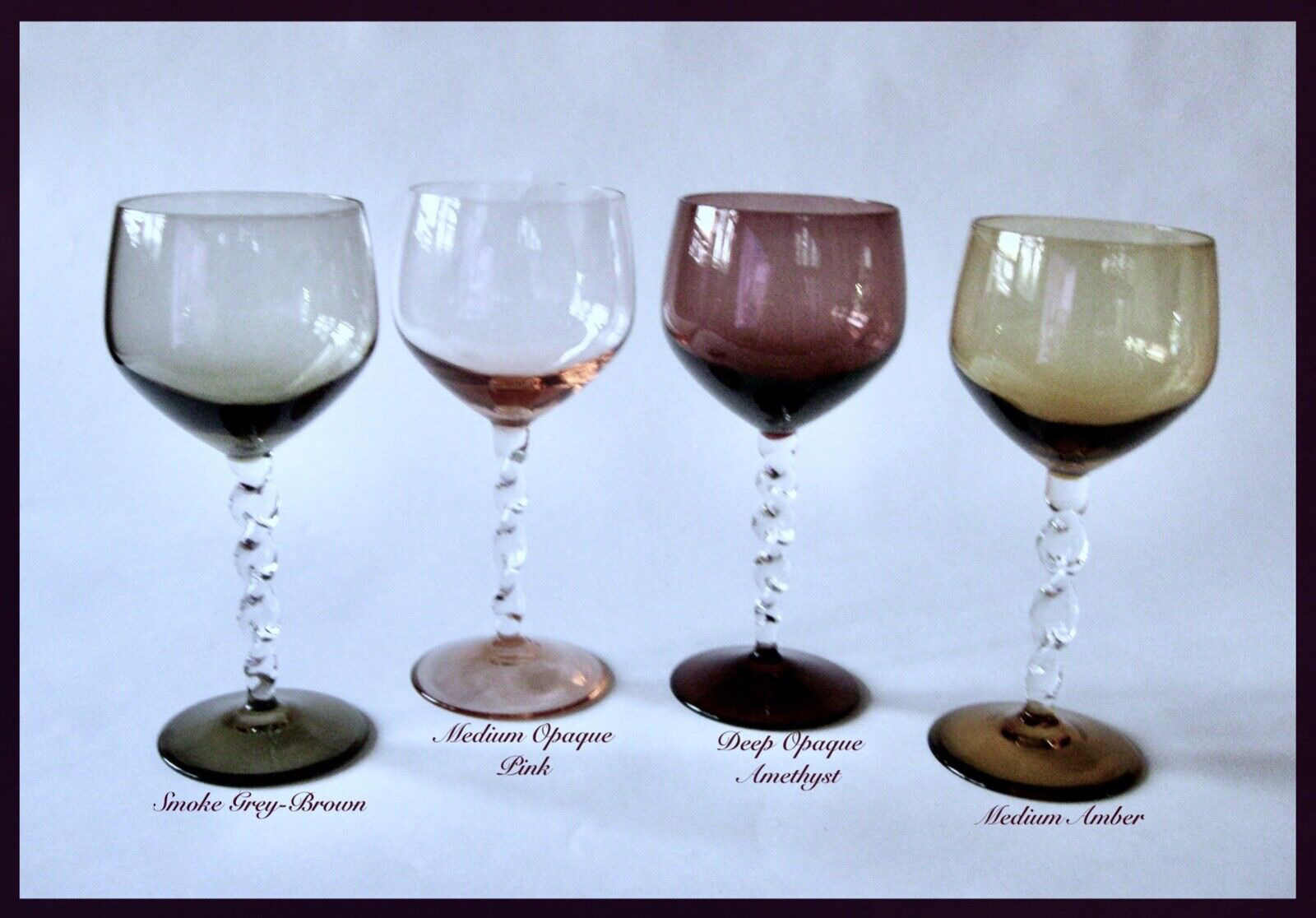 4- Early 1960s Hot Air Blown Twisted Stem Crystal Wine Glasses Pastel Colors-EXC