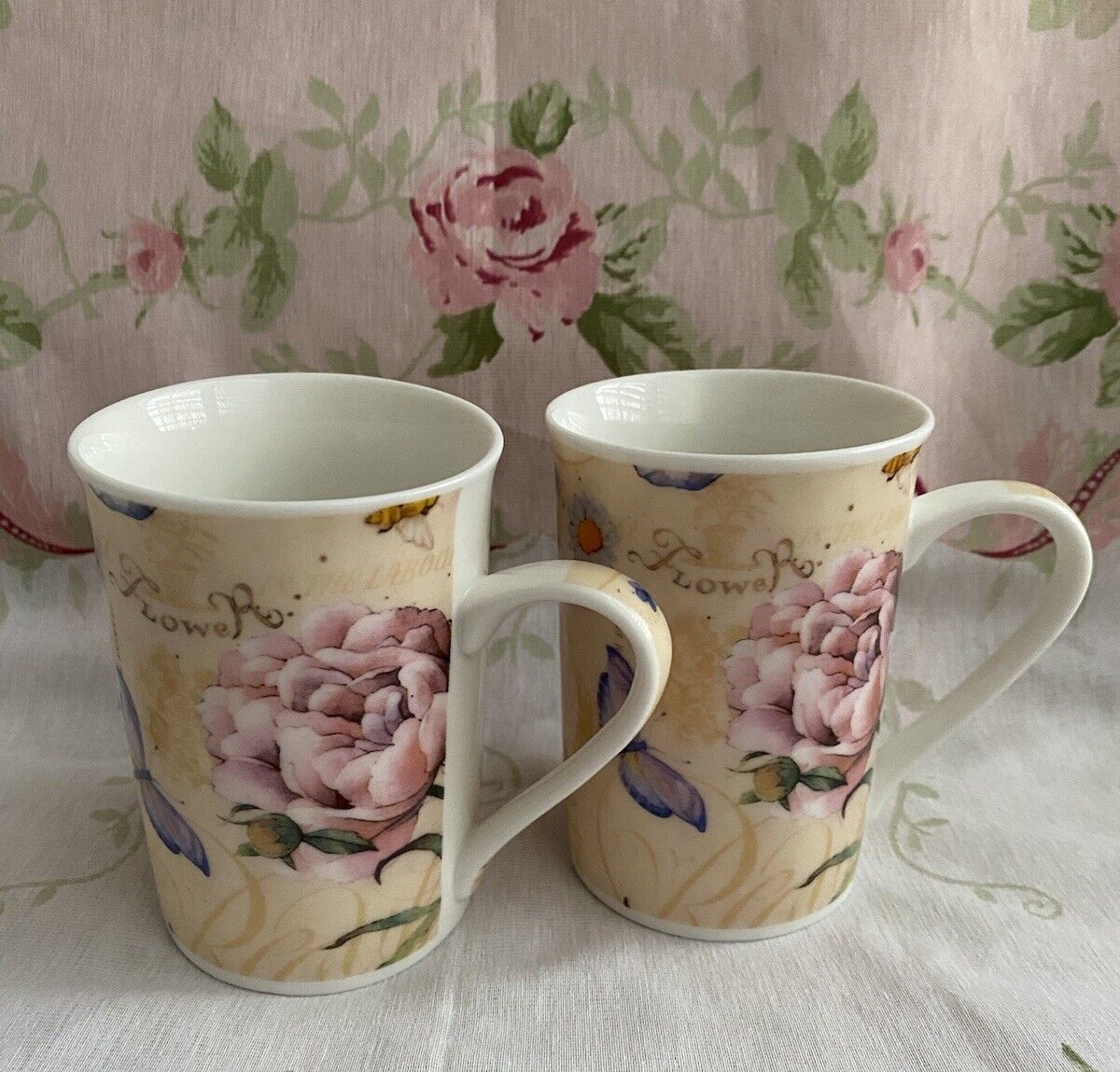 Pink & Cream  Floral Mugs .Roses & Butterflies   ( 2 ) Nice