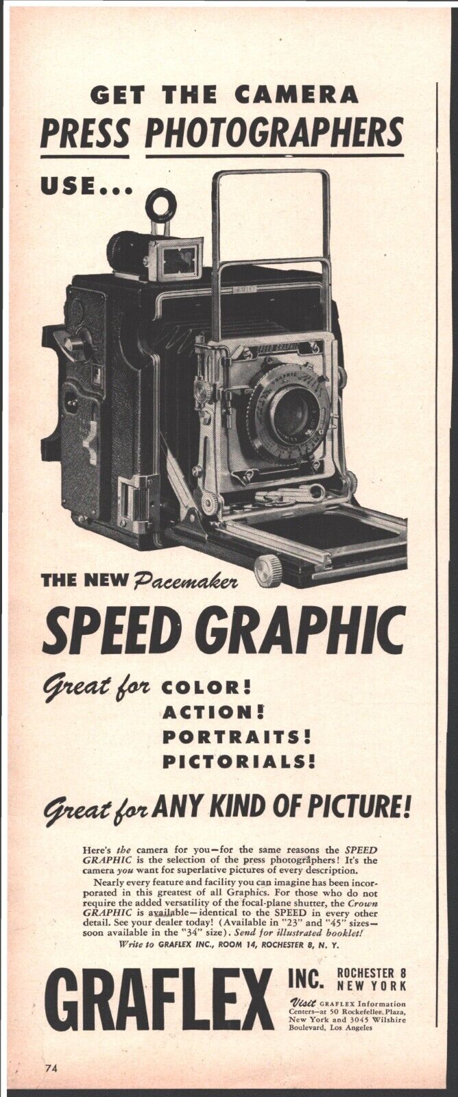 1951 Graflex Speed Graphic Camera Pacemaker Vintage Original Magazine Print Ad