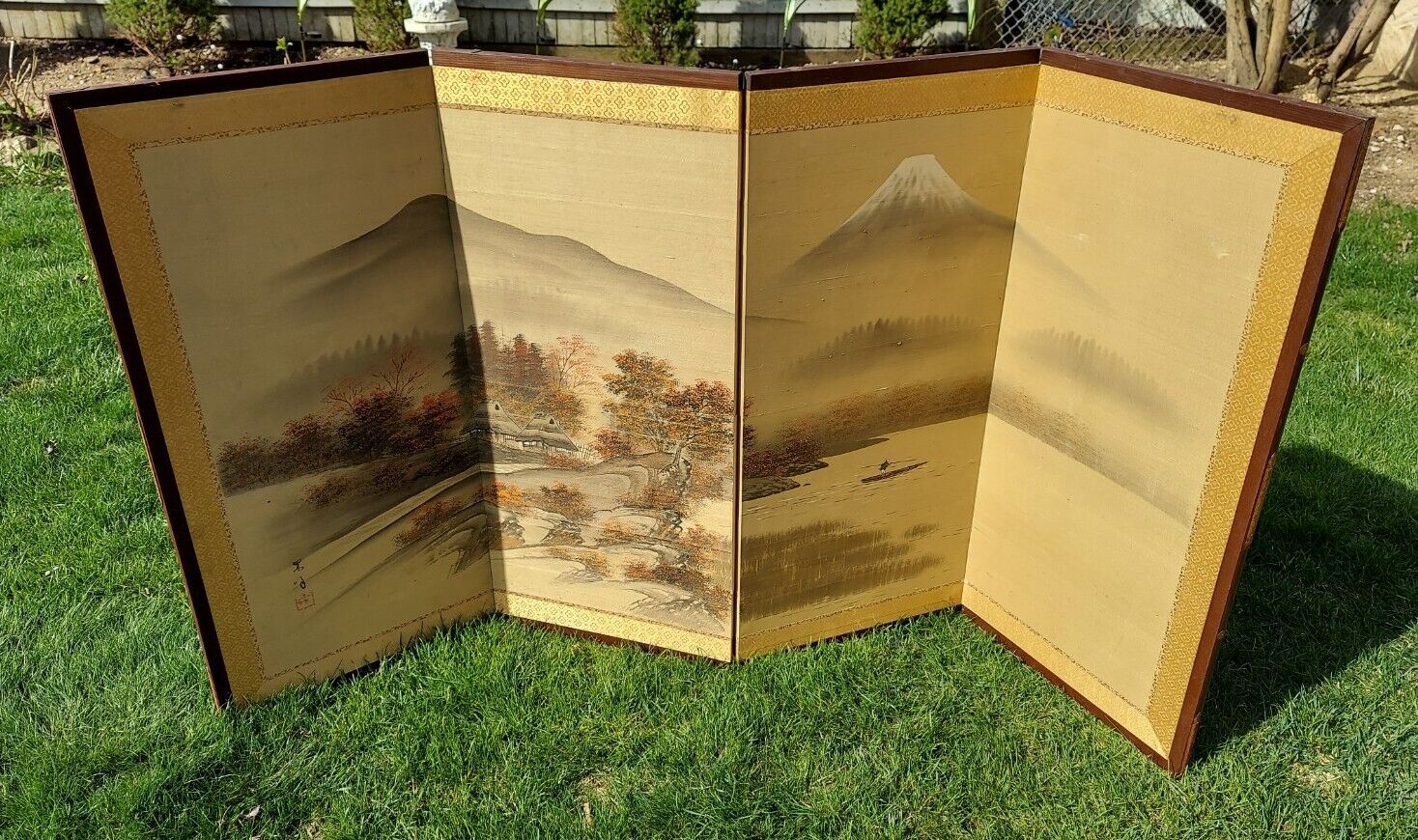 Vintage Japanese 4 Panel Folding Screen Mt Fuji Painted Signed 66x36
