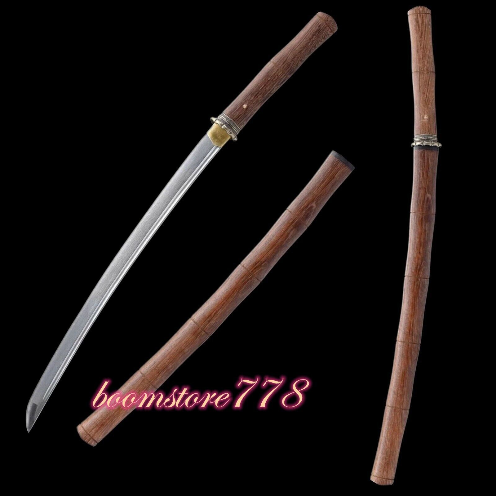 JAPANESE WAKIZASHI SWORD FOLDED STEEL BLADE HUALI WOOD BAMBOO SAYA VERY SHARP