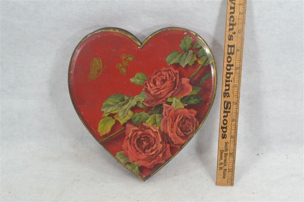 antique TinDeco candy container hinged tin Heart 1920 red/roses rare original 