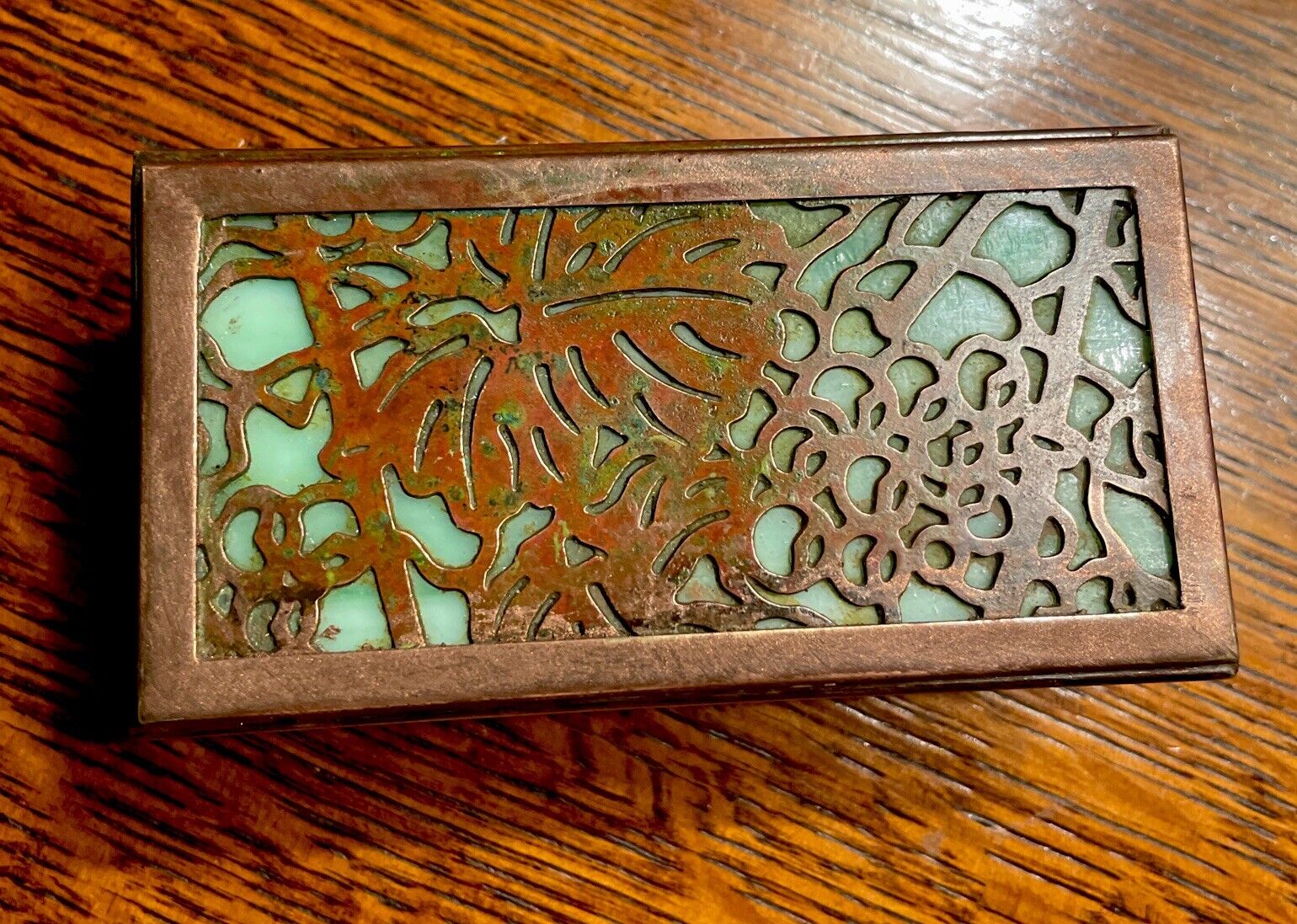 Antique Tiffany Studios NY#801 Grapevine Stamp Box w/Perfect Green Favrile Glass