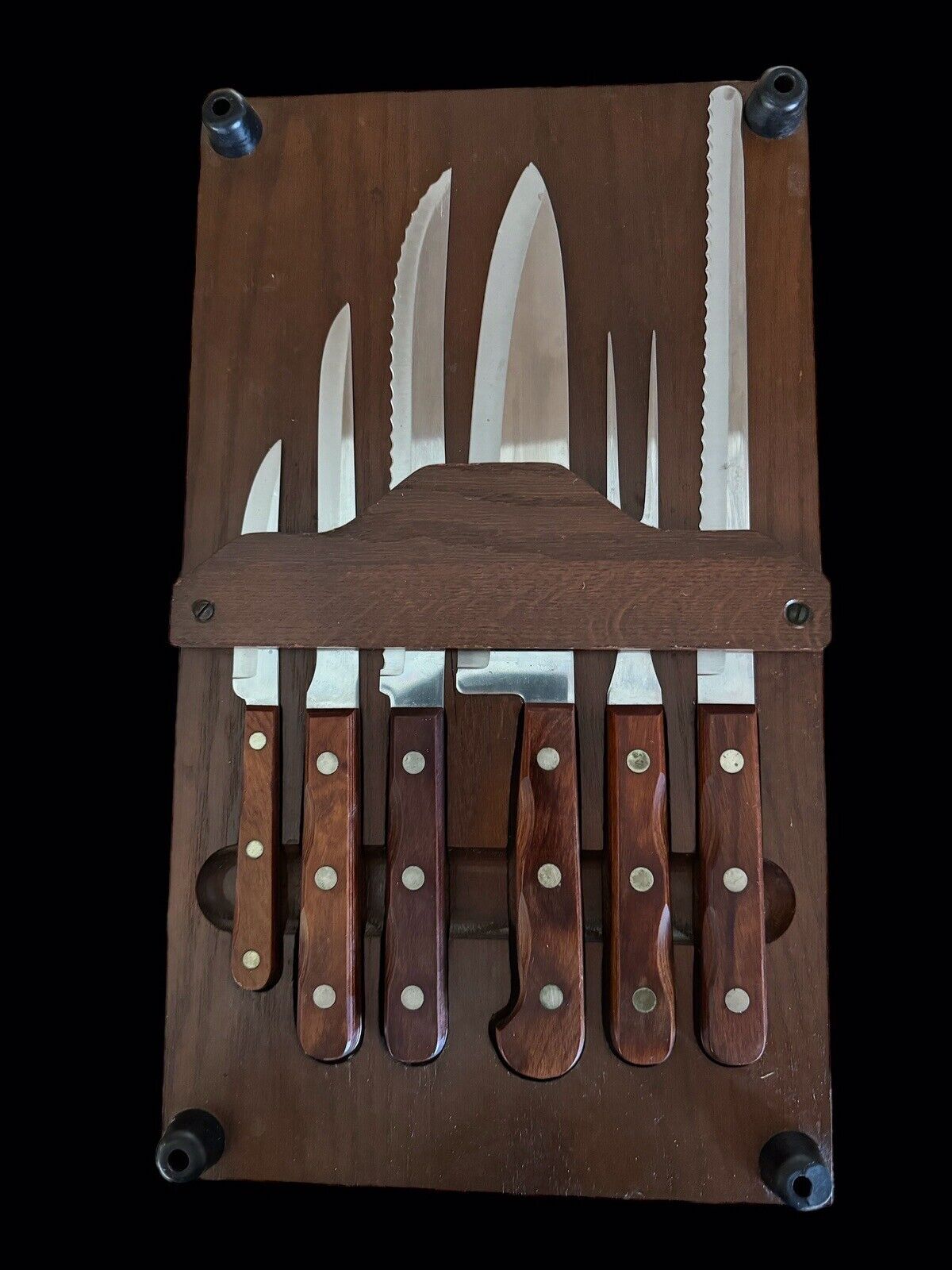 Vintage Slicette Cutlery &  Wood Cutting board Storage On Backside 6 Knives
