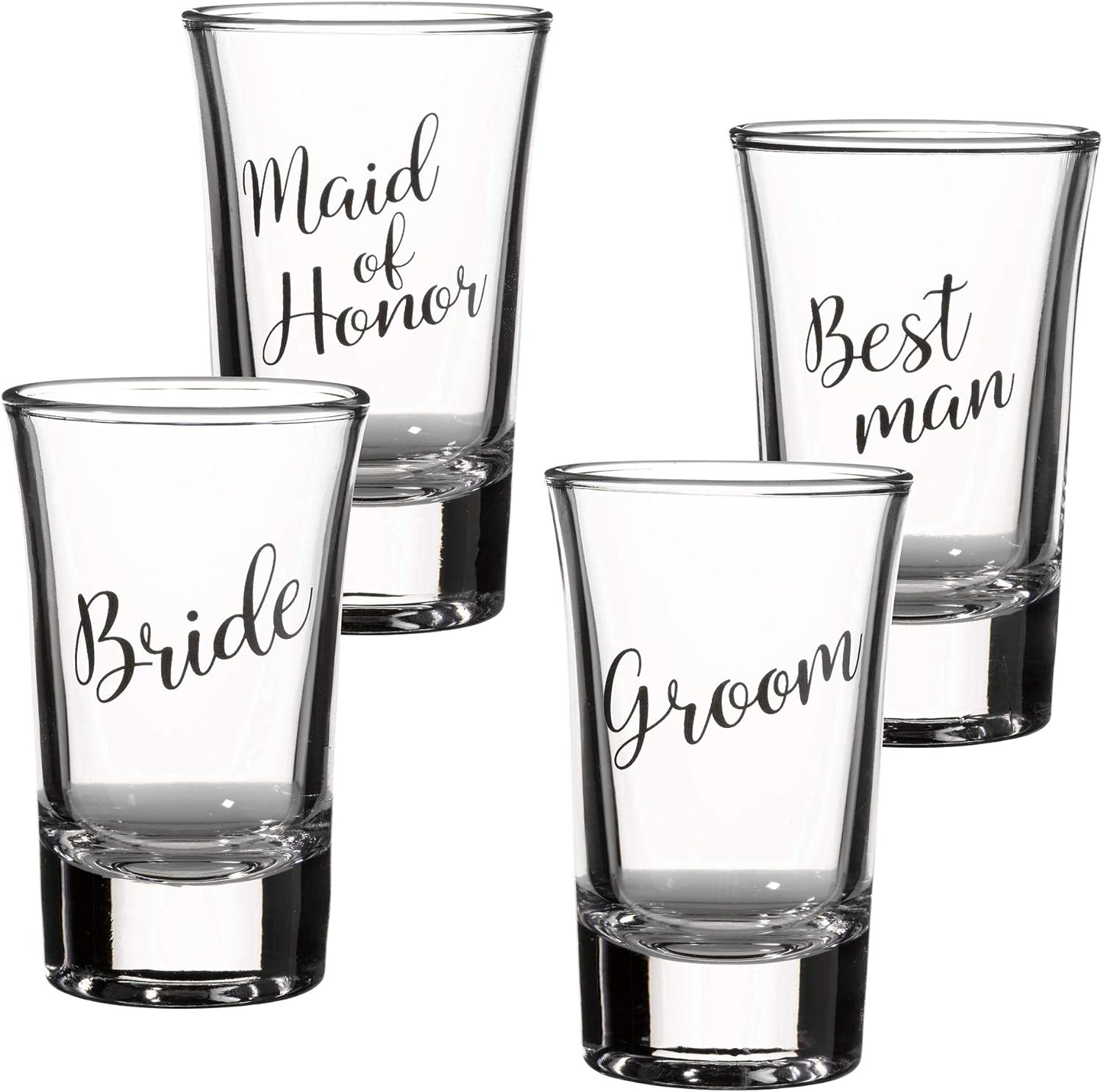 Bride Groom Maid of Honor and Best Man Shot Glass Set 4 Count (Pack of 1) Clear