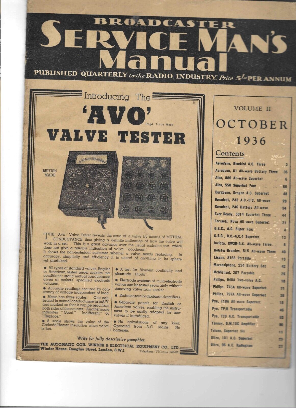 Broadcaster Service man`s Manual Vol 2 October 1936 Radio Recivers Avo Valve