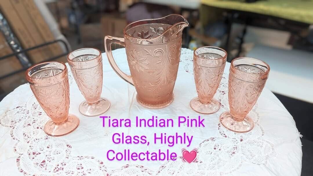 Vintage Tiara Pink Sandwich Glass 64 oz. Pitcher and 4 Footed Iced Tea Glasses