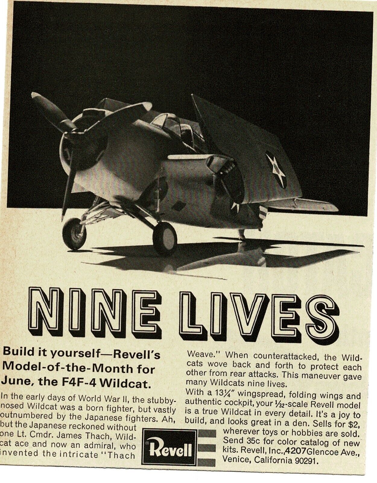 1969 REVELL Model fighter plane kit WWII Grumman F4F-4 Wildcat Vintage Print Ad