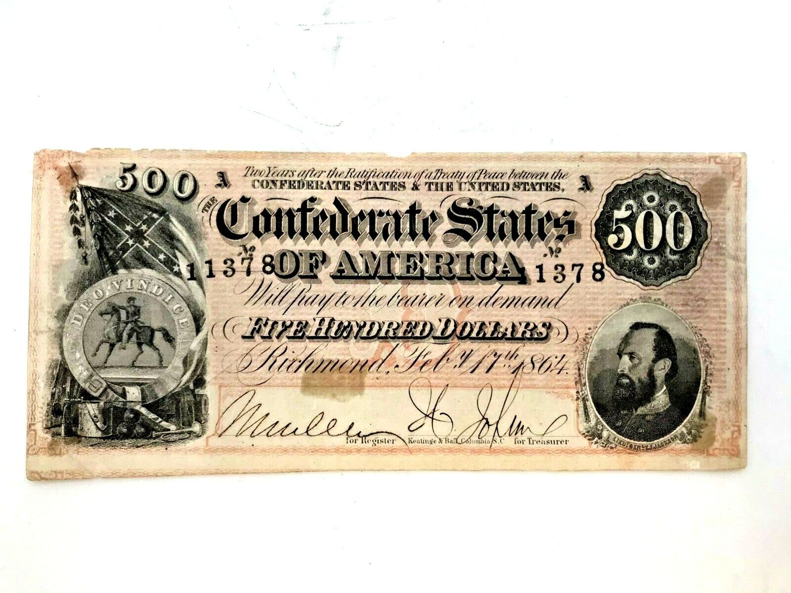 RARE CSA FIVE HUNDRED BILL CURRENCY - RICHMOND 1864 - RARE CURRENCY