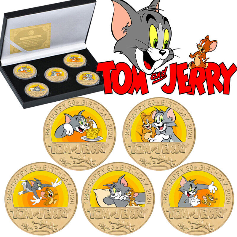 5Pcs Tom and Jerry Gold Commemorative Coins In The Box Cartoon Souvenir Gifts