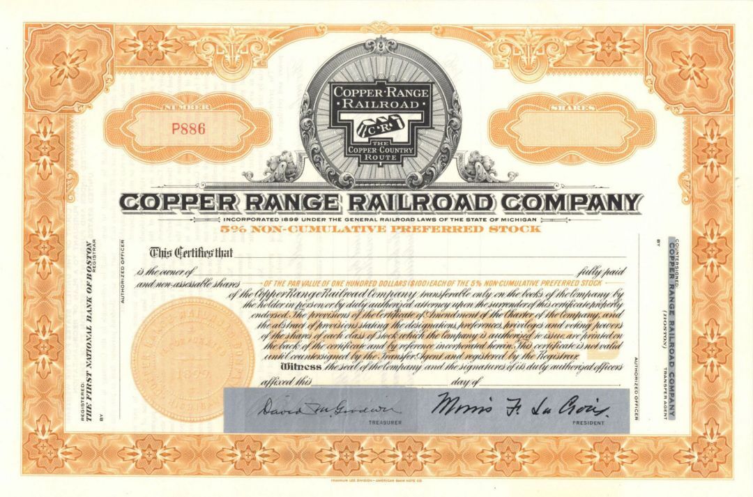 Copper Range Railroad Co. - Stock Certificate - Railroad Stocks