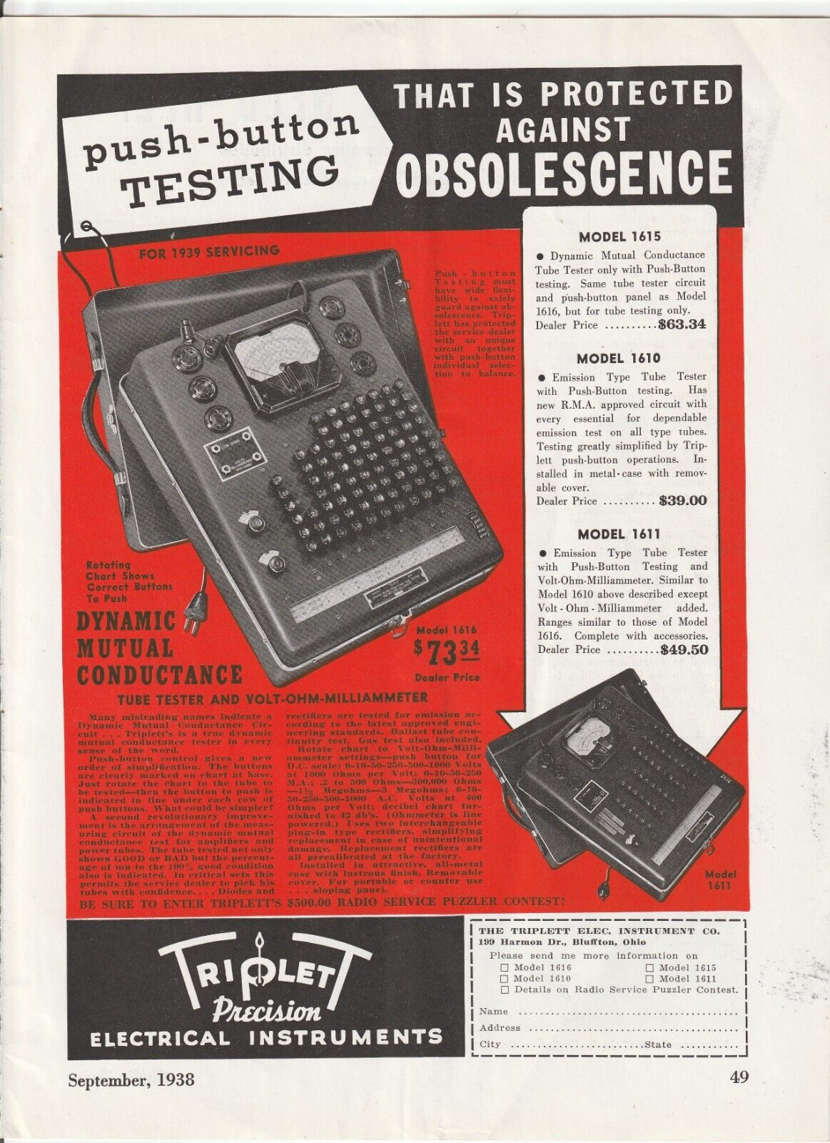 1938 DYNAMIC MUTUAL CONDUCTANCE Magazine AD~Triplett~RADIO SUPPLY Co. Photo/L.A.