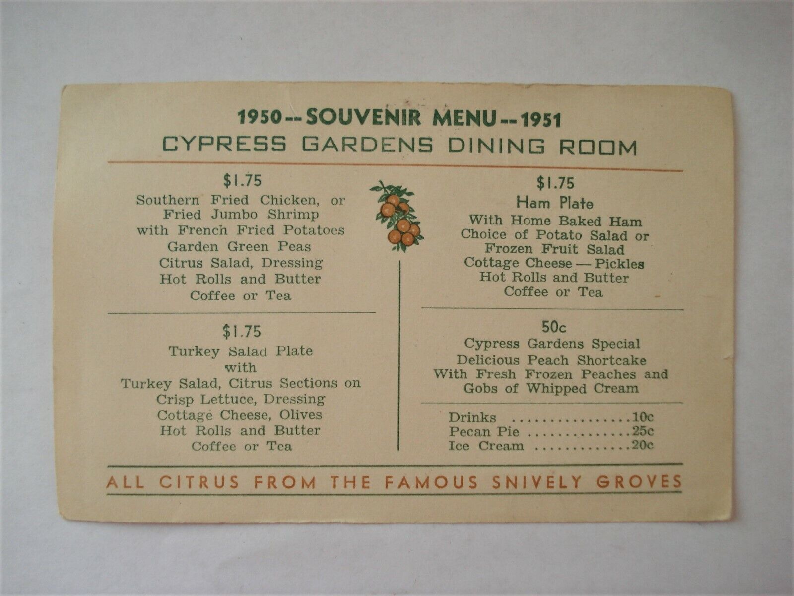 Vintage 1950-51 Souvenir Menu Cypress Gardens Dining Room
