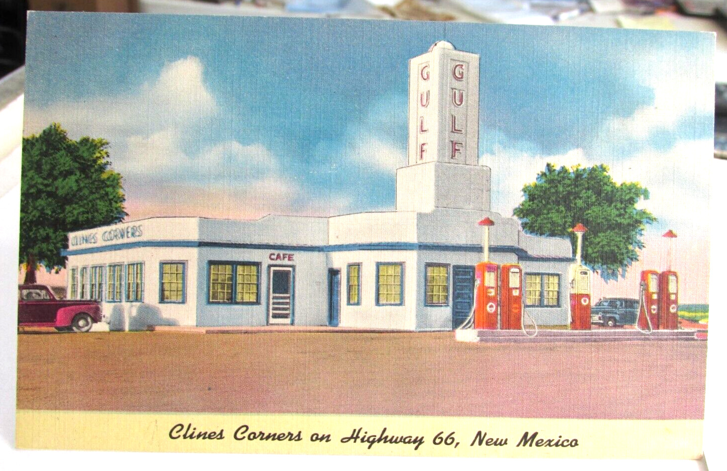 1930s ROUTE 66 Clines Corner New Mexico NM Gulf Gas Station Cafe Postcard Rt 66