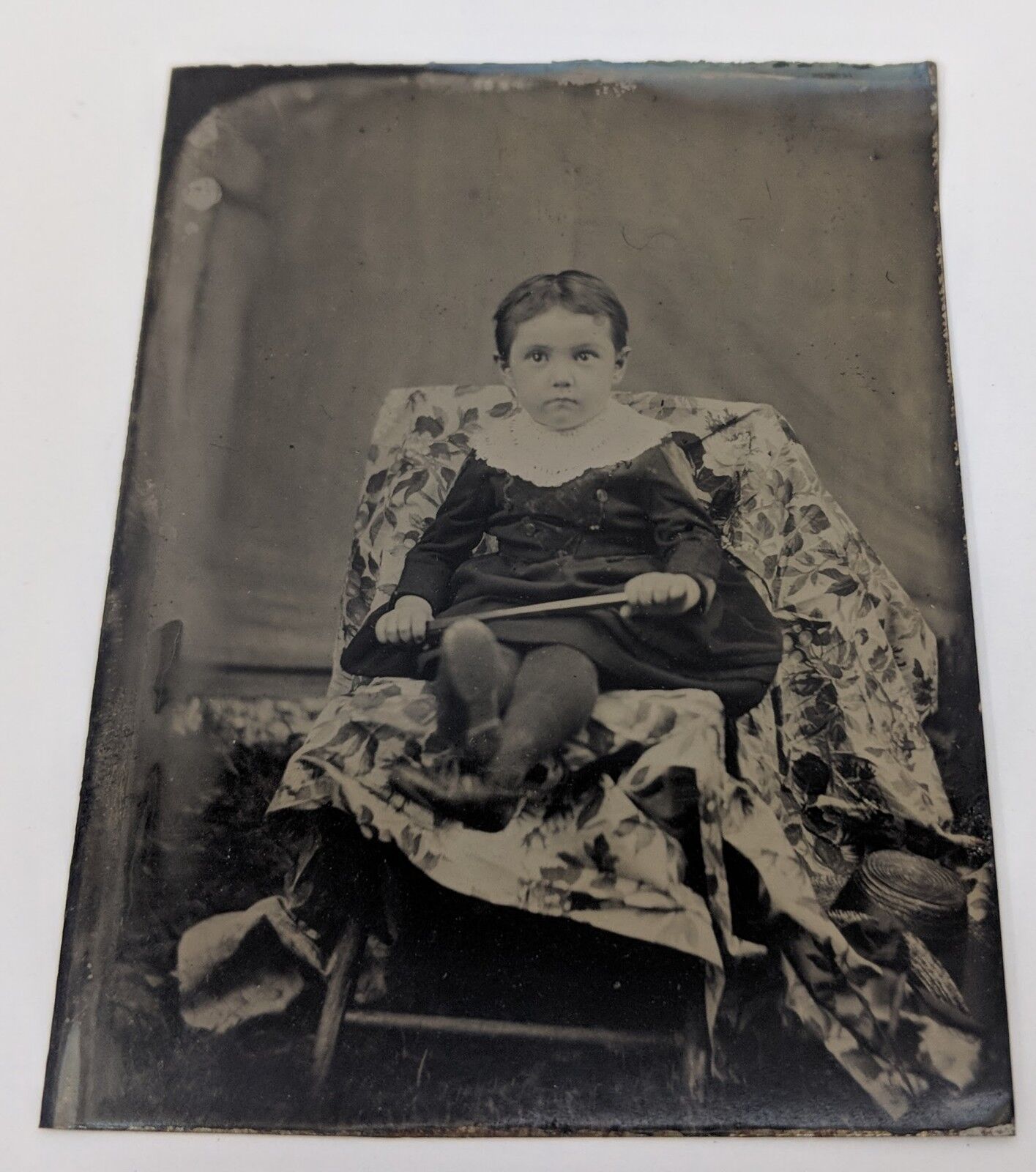 Tintype Portrait Young Boy Holding a Toy Gun or Walking Stick
