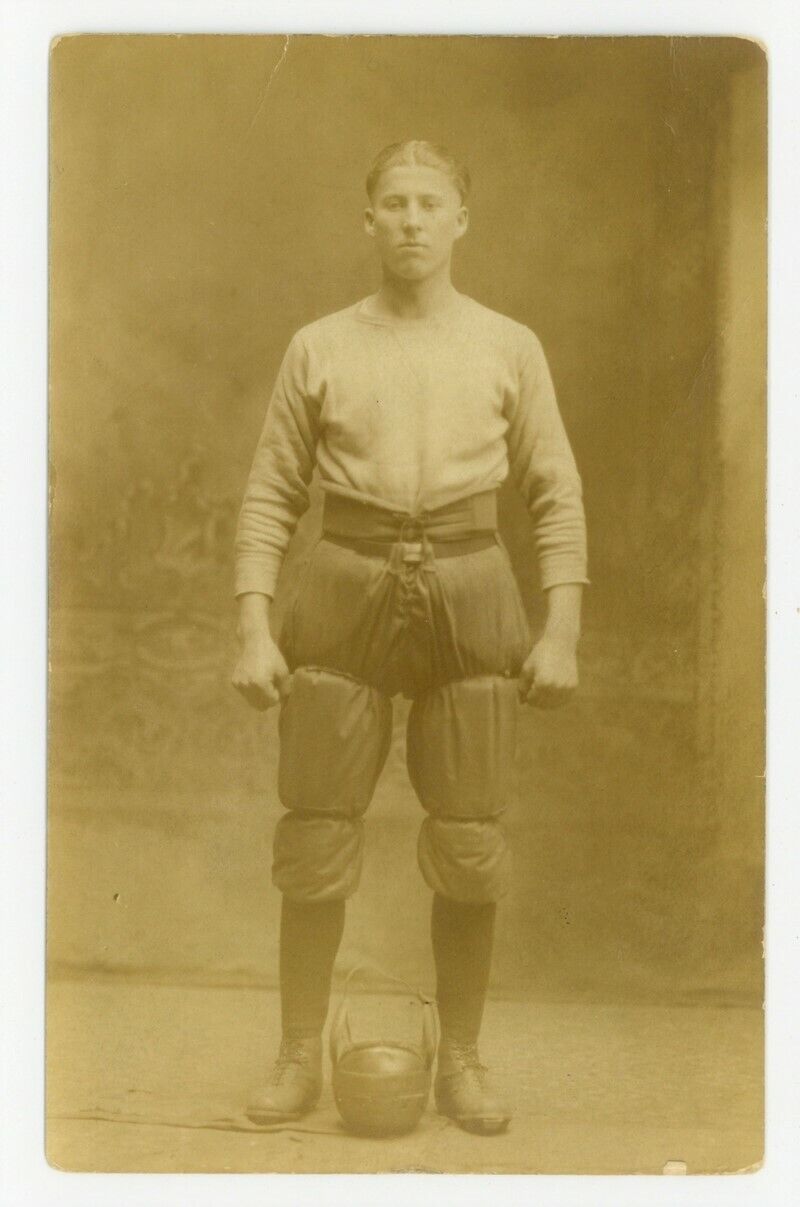Football Player Photo 1910 Antique Vintage Uniform Helmet College RPPC Q6044
