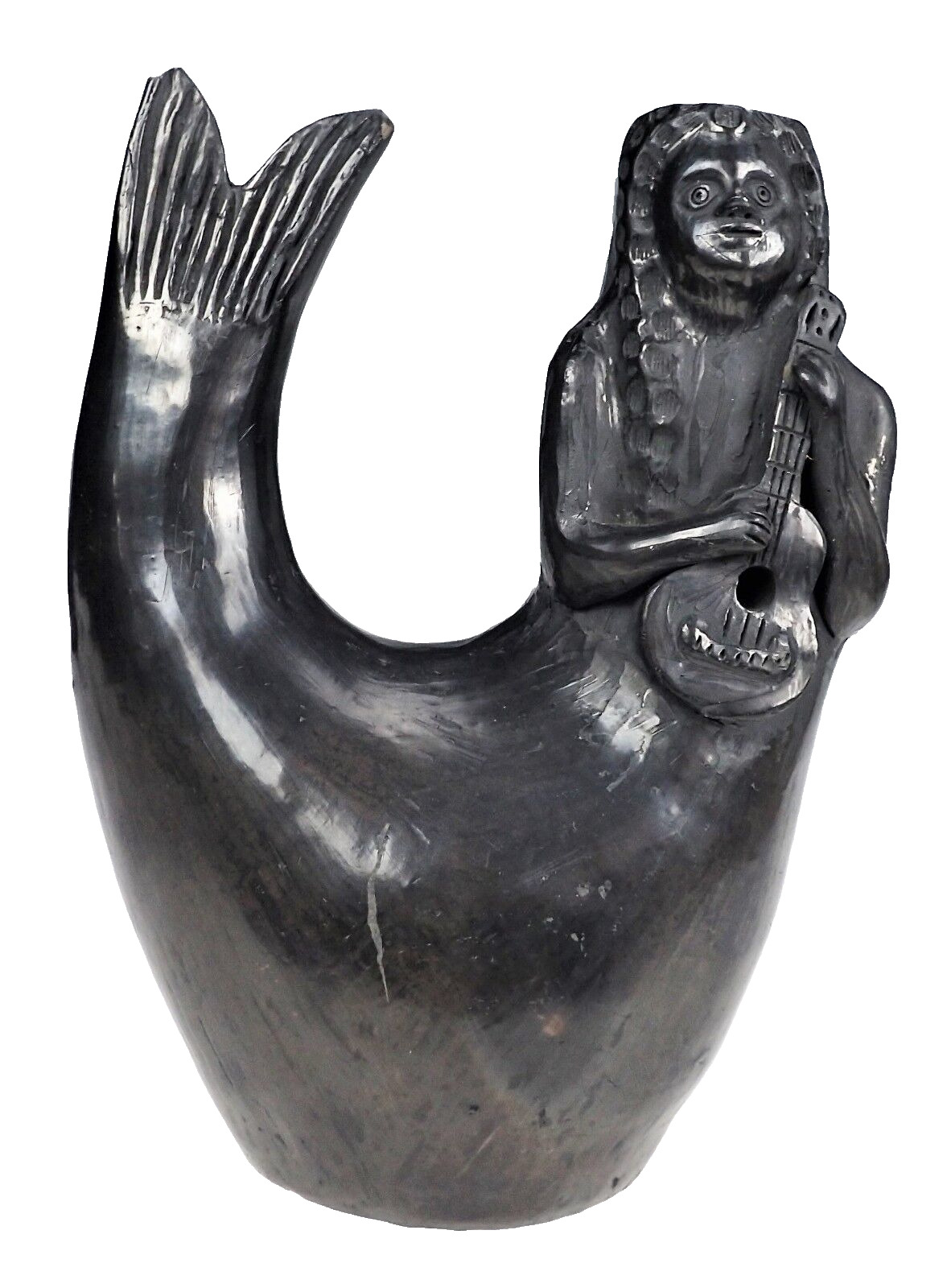 Black Clay Vessel Mermaid Siren Mandolin Primitive Nautical Sculpture Folk Art