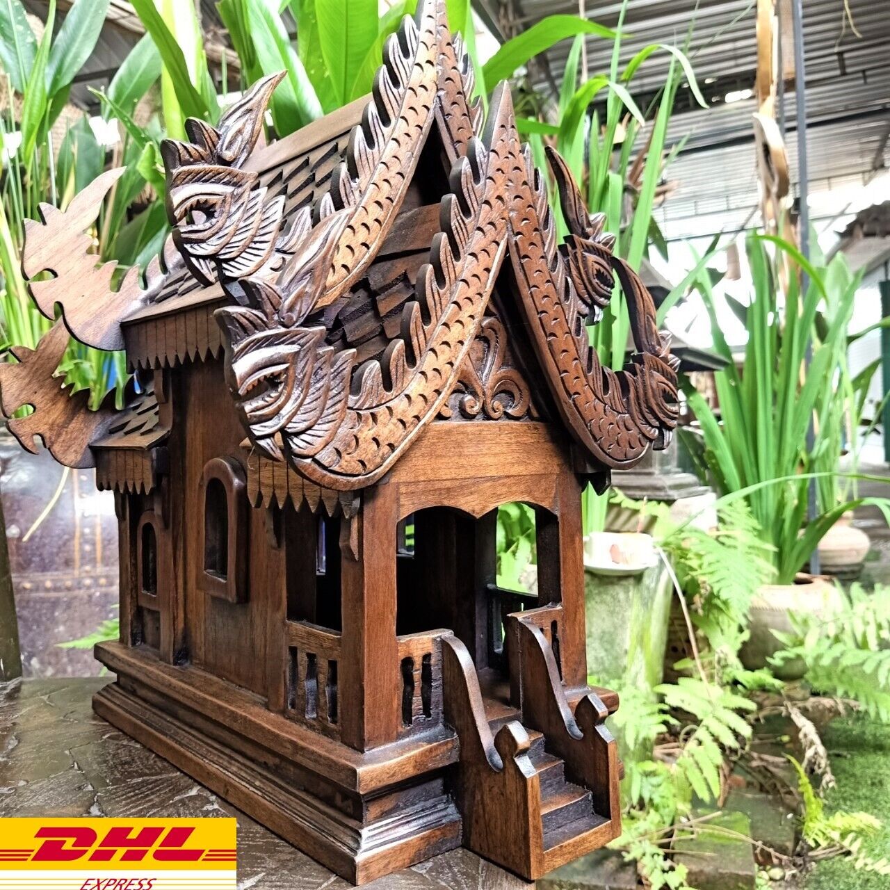 Large Spirit House Wooden Thai Buddha Amulet Worship Handcraft Home Decor 18.5in