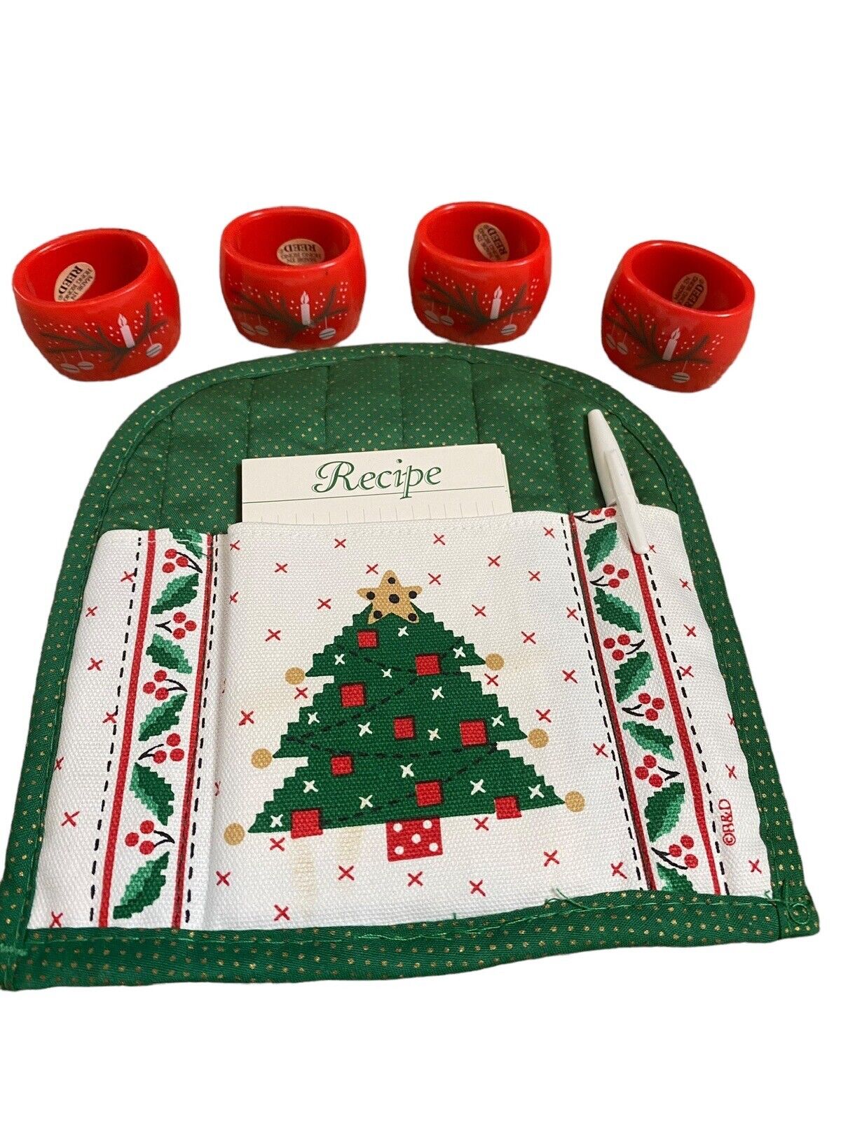Vintage Reed Acrylic Red Christmas Napkin Rings Cloth Pocket Recipe Card Holiday