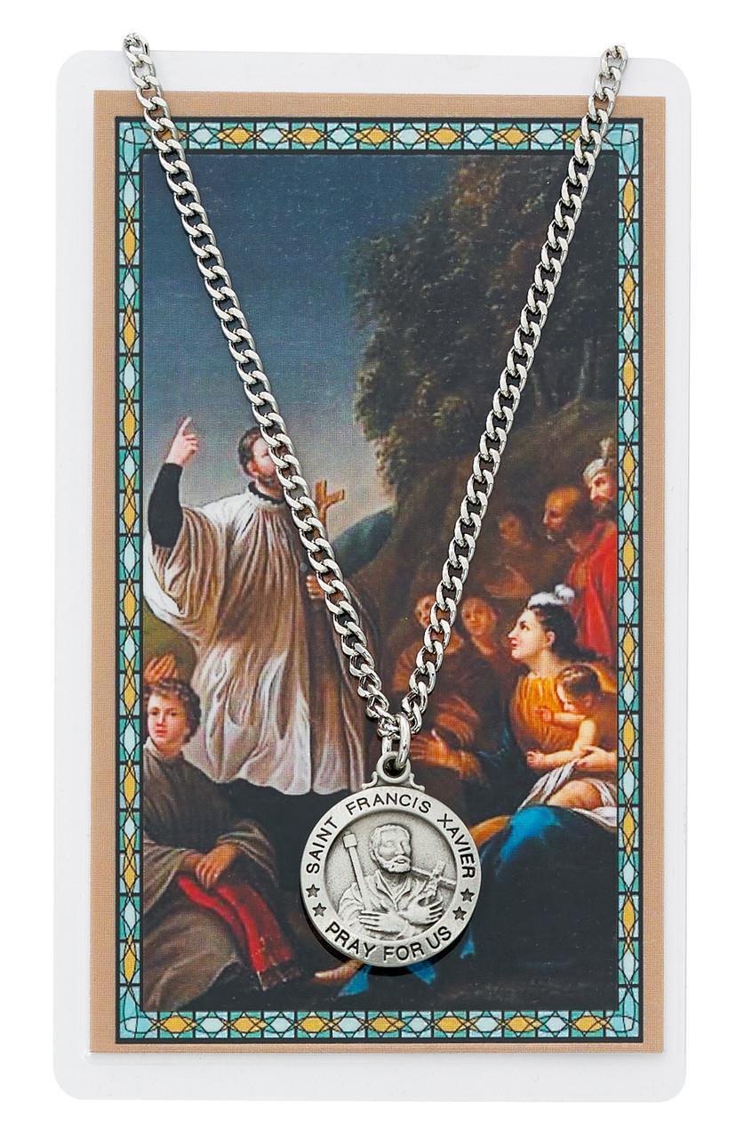 St Francis Xavier Pewter Medal with 24in Chain and Laminated Holy Card Set