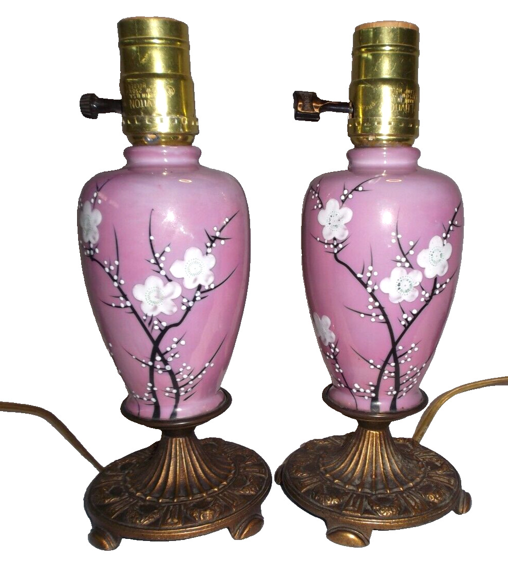 Pair Art Deco Iridescent Ceramic Boudoir Lamps With Hand Painted Cherry Blossoms