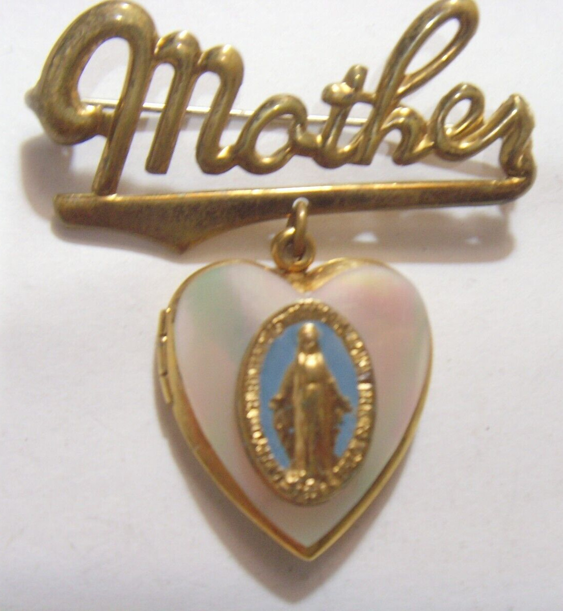 antique catholic religious Saint Mary Mother brooch pin heart locket FC1297