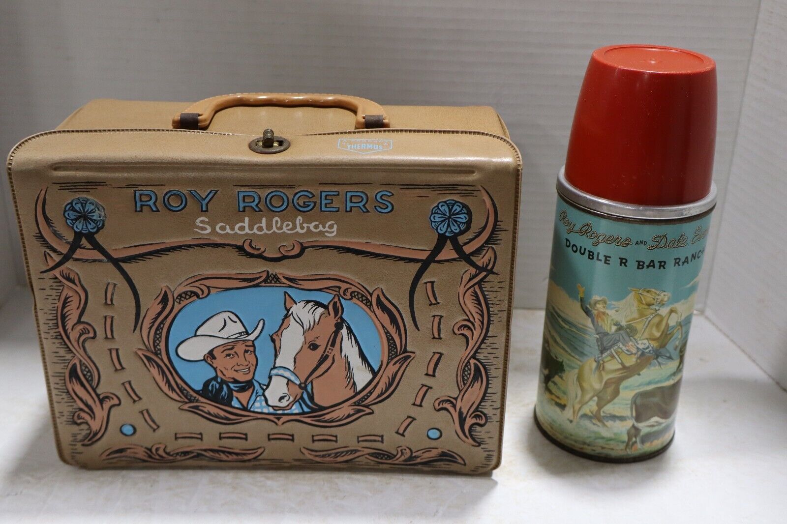 ROY ROGERS 1960 Brown Saddlebag Vinyl Lunchbox Thermos Double R Bar Ranch