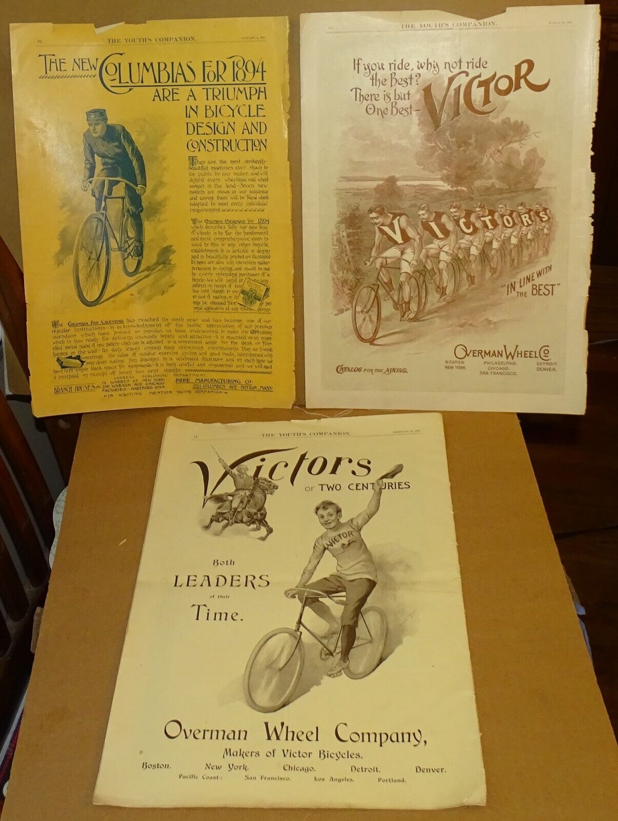 3 Antique Bicycle Ads 1894 & 1895 Columbia & Victor