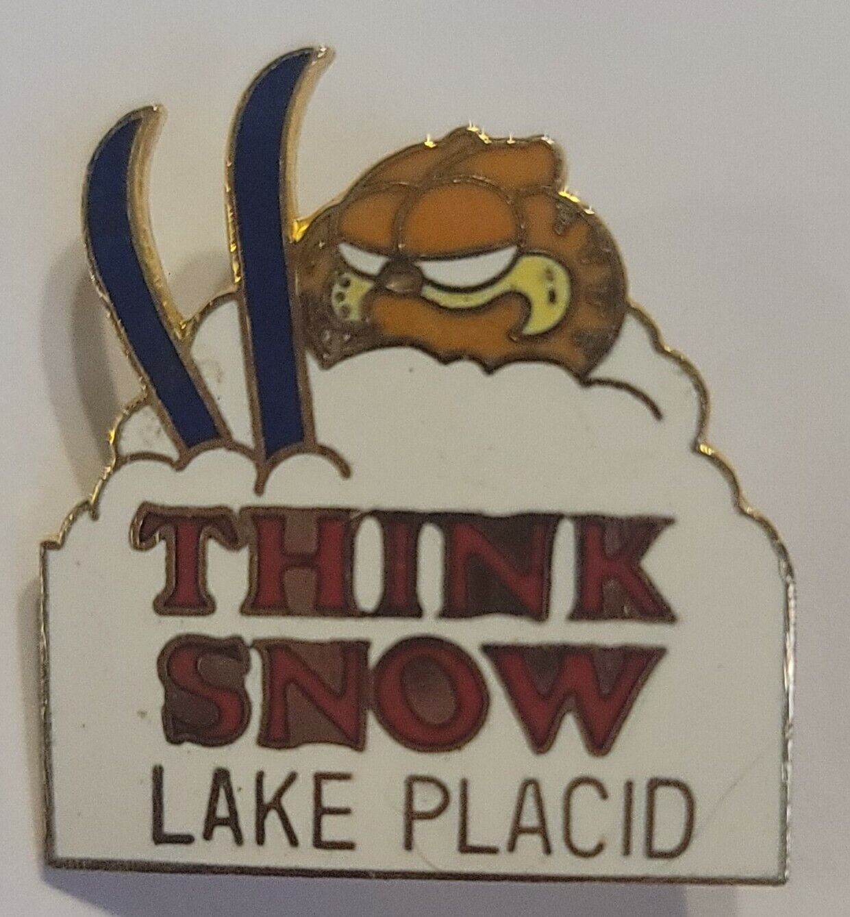 Think Snow Garfield Brooch Vintage  Pin Lake Placid, NY Sking  Gold Tone 1\