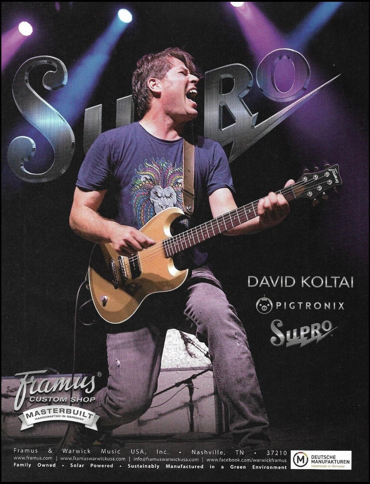 David Koltai for Supro Amps Pigtronix effects pedals & Framus Guitars ad print