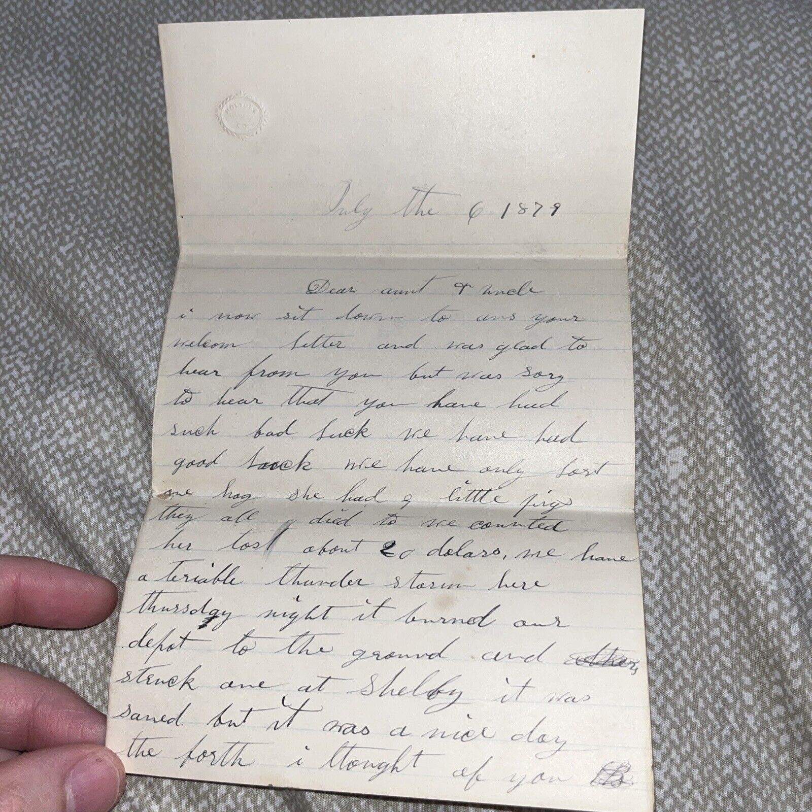 Antique 1879 Post Civil War Letter: Thunder Storm Burned Down Depot Near Shelby
