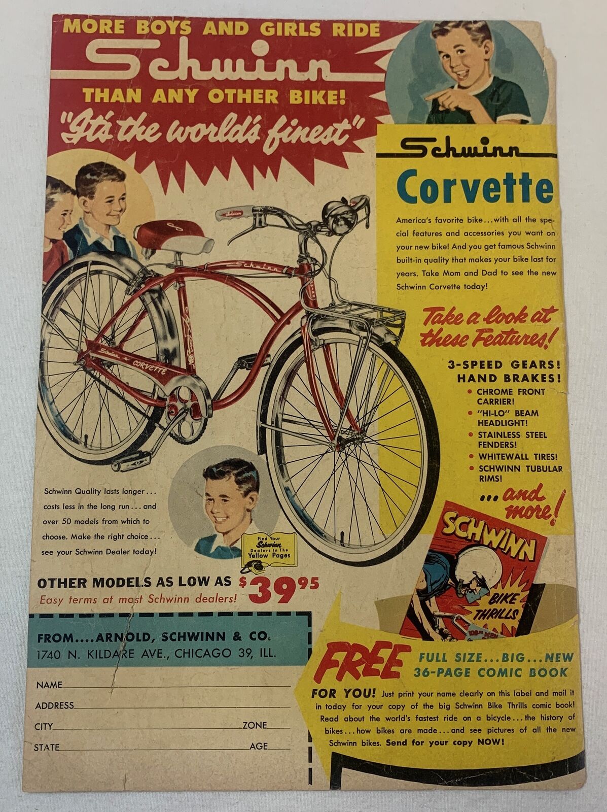 1959 Schwinn bicycle cartoon ad page ~ BOY'S CORVETTE