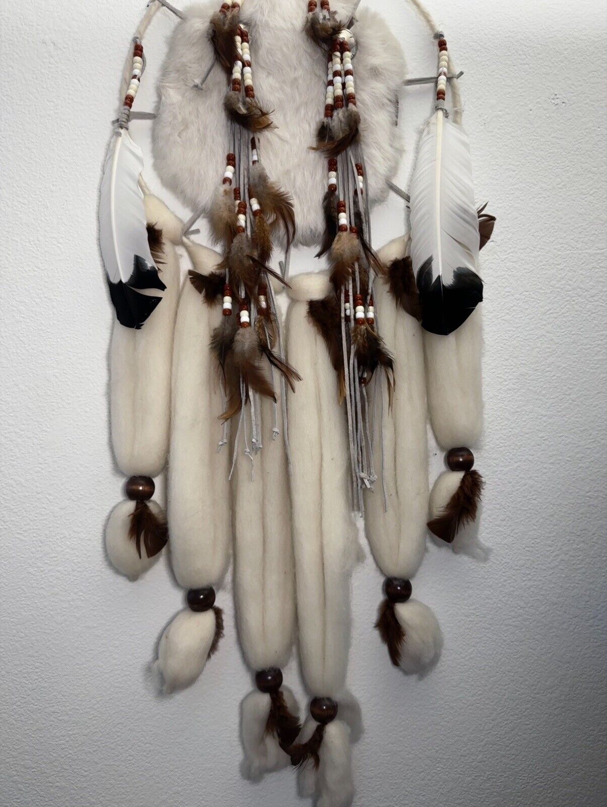 Vintage Handmade Wool, Fur, Leather, Feathers, Beaded Dream Catcher