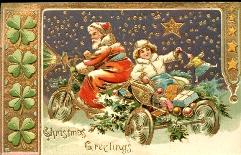 Antique Christmas Postcard Santa Riding 3 Wheel Motorcycle 4 Leaf Clover 1910