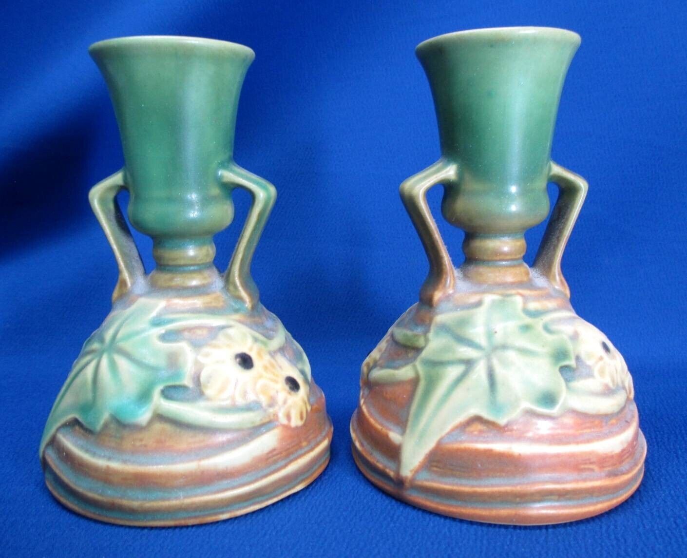1934 ROSEVILLE LUFFA POTTERY PAIR OF CANDLEHOLDERS ORIGINAL STICKERS