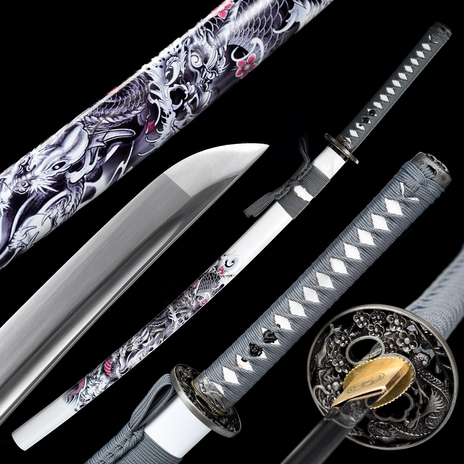 40\'\'white Dragon Katana 1095 Steel Battle Ready Japanese Samurai Sword Full Tang
