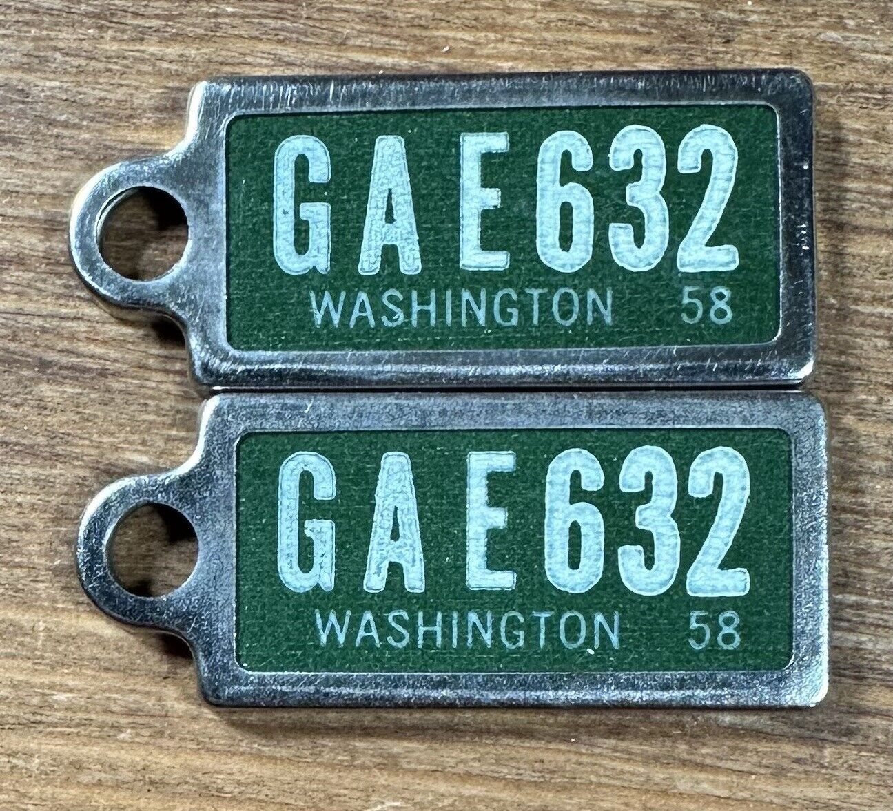 Vintage 1958 Washington State DAV License Plate Keychain Tag Matching Pair Set