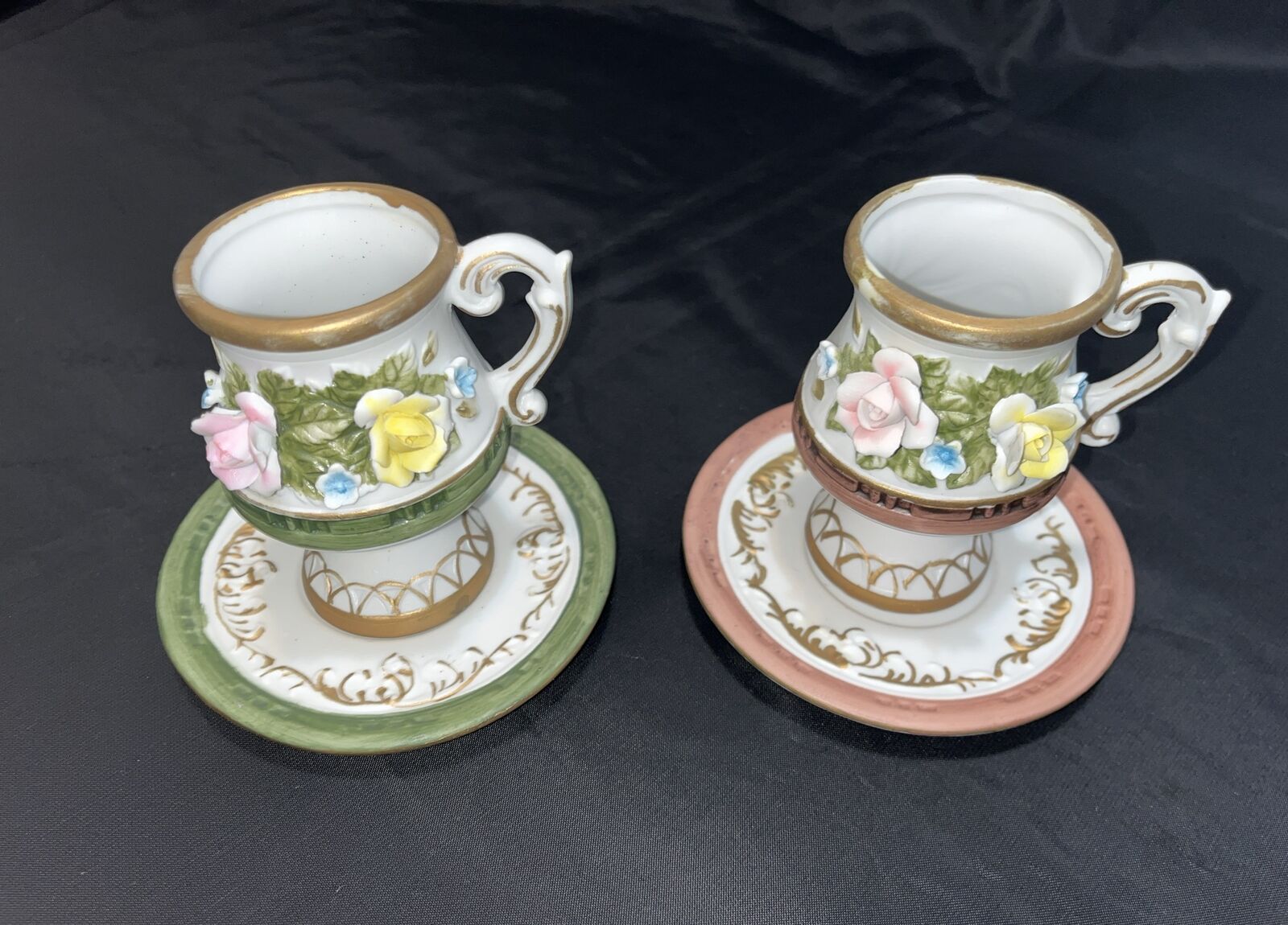 Pair Teacup/ Saucer Floral Porcelain Capodimonte Style  flowers Cabbage Rose VTG