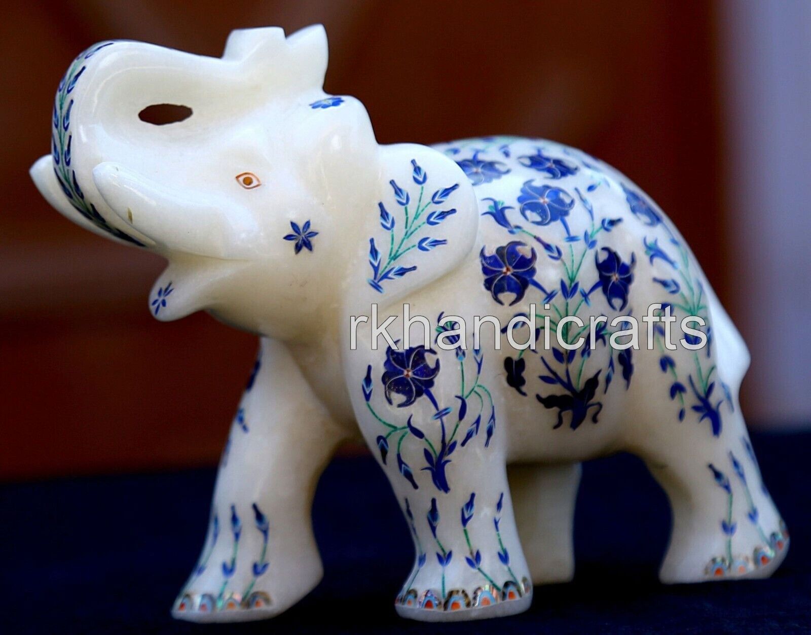 5 Inches Marble Decorative Elephant Unique Pattern Inlay Work Elephant Sculpture