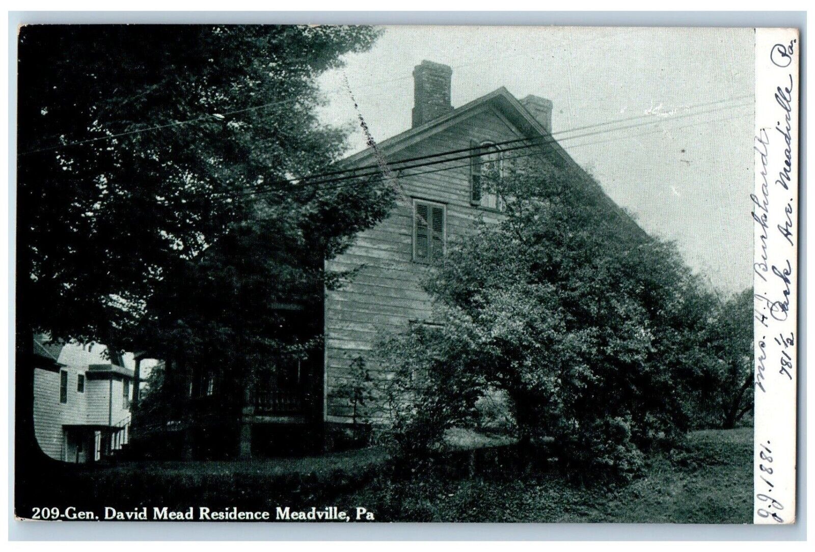 Meadville Pennsylvania Postcard Gen David Mead Residence c1907 Vintage Antique