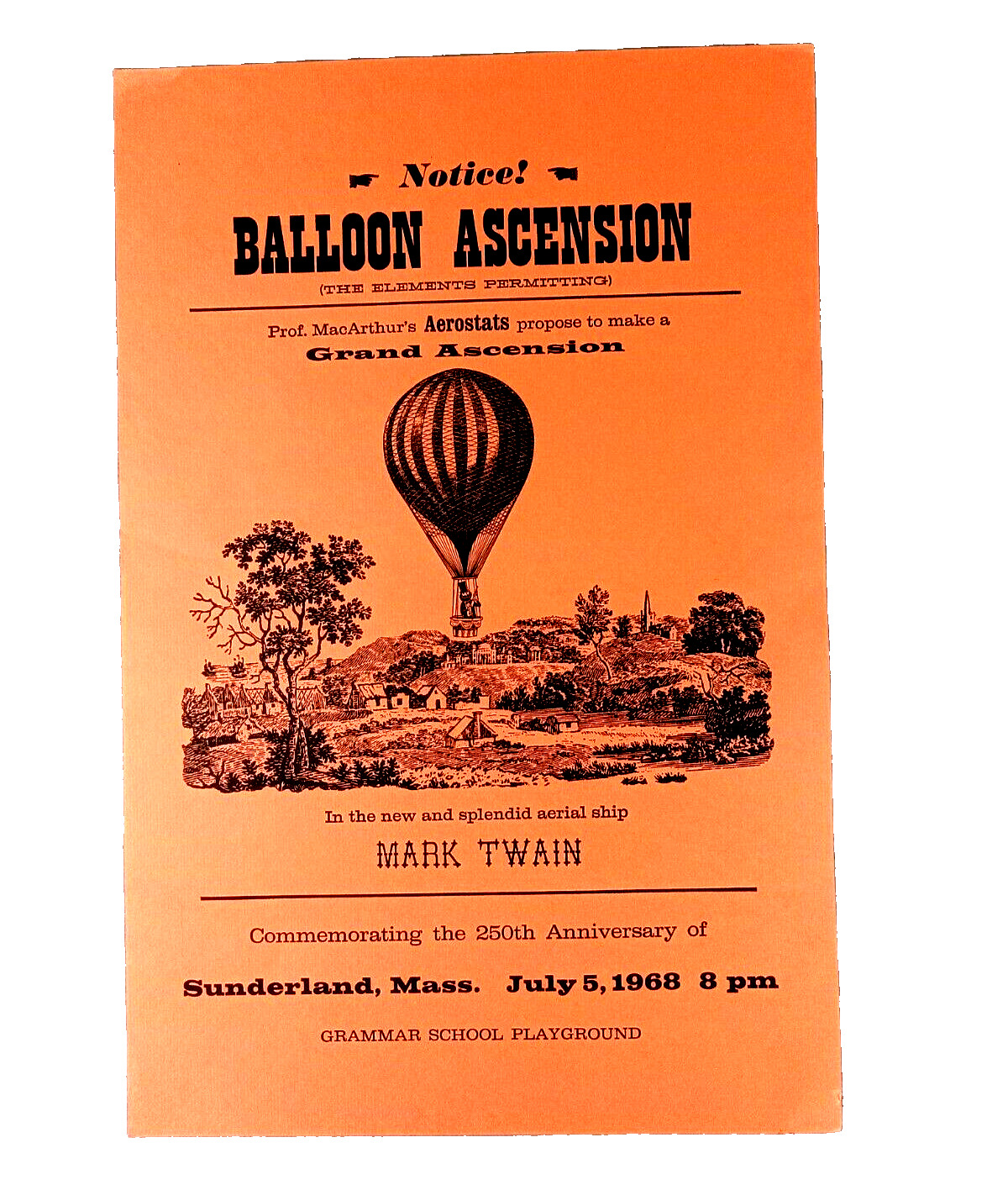 1968 MARK TWAIN Aerial Ship Balloon Grand Ascension Poster Sunderland, Mass RARE
