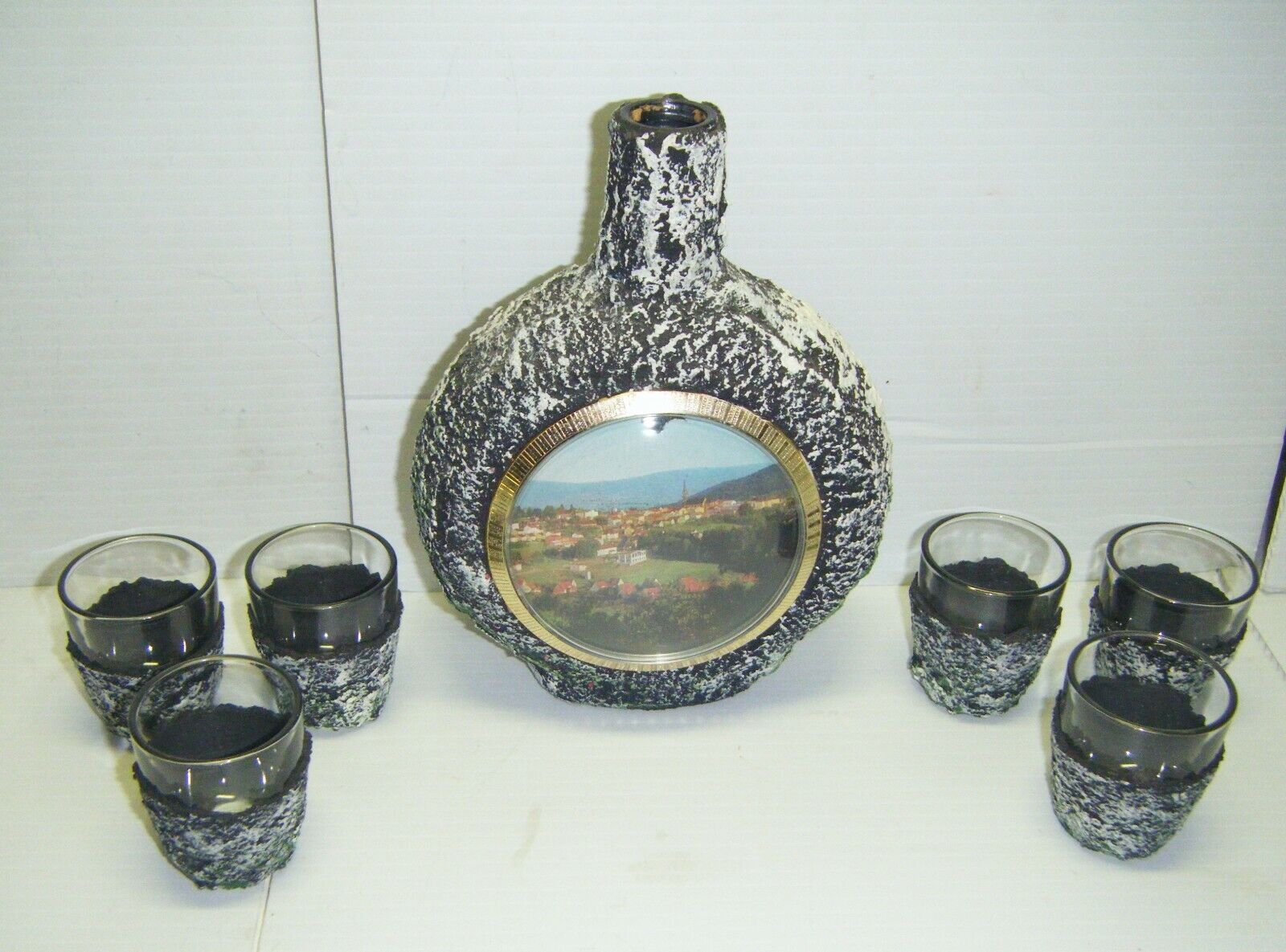 Vintage Textured French Liquor Decanter And 6 Shot Glasses