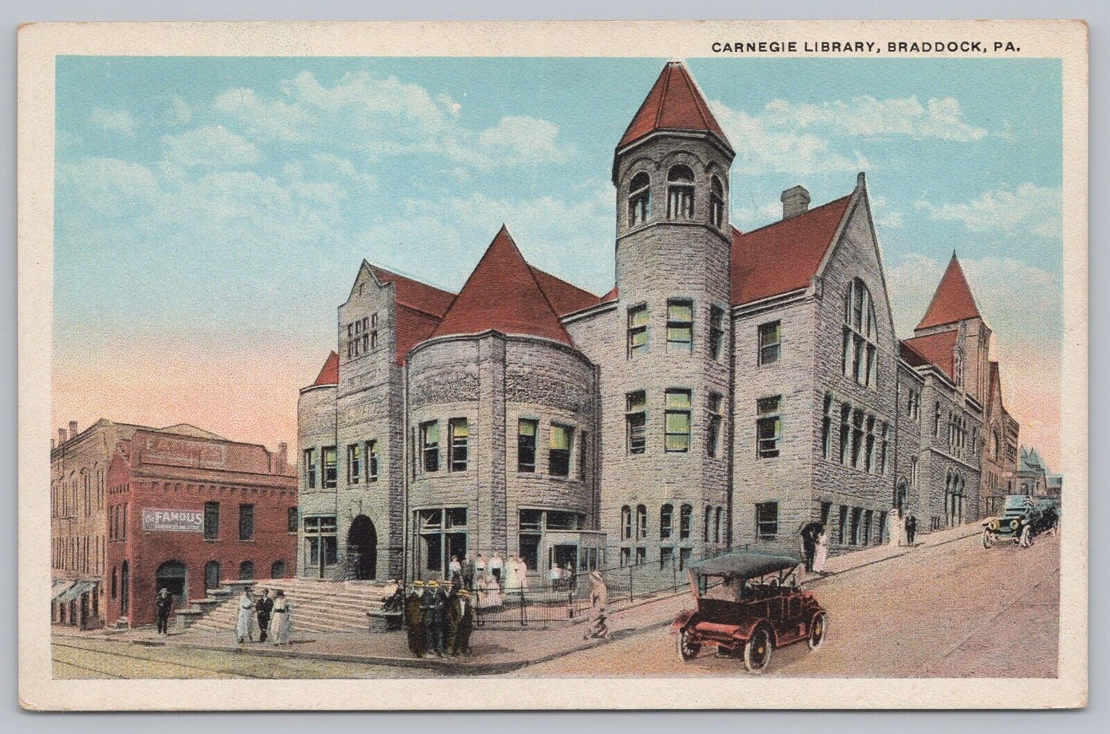 Carnegie Library Braddock, Pennsylvania Vintage Postcard Classic Cars