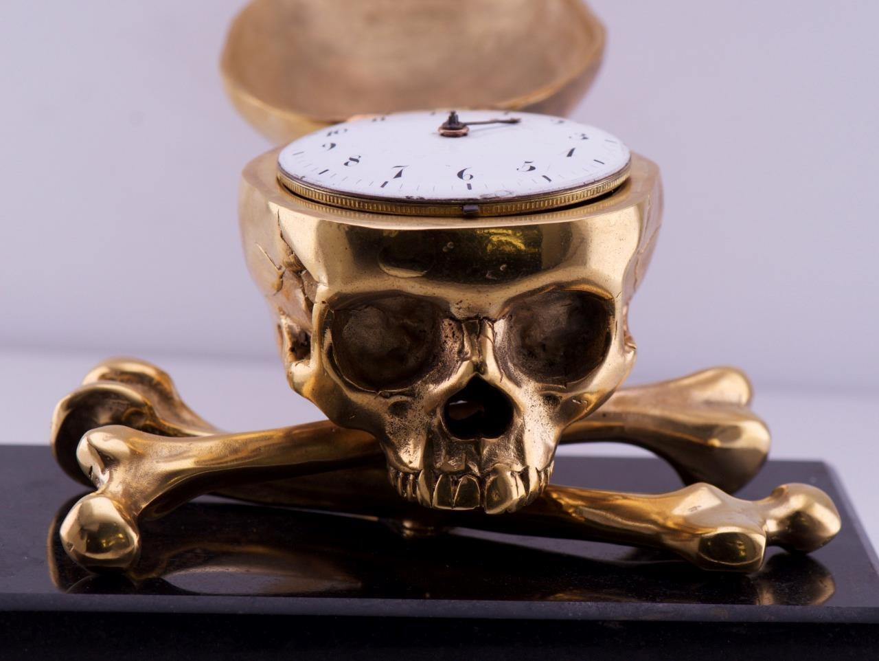 Antique Desk Table Clock French Verge Fusee-Gilt Bronze Skull Sculpture c1800's
