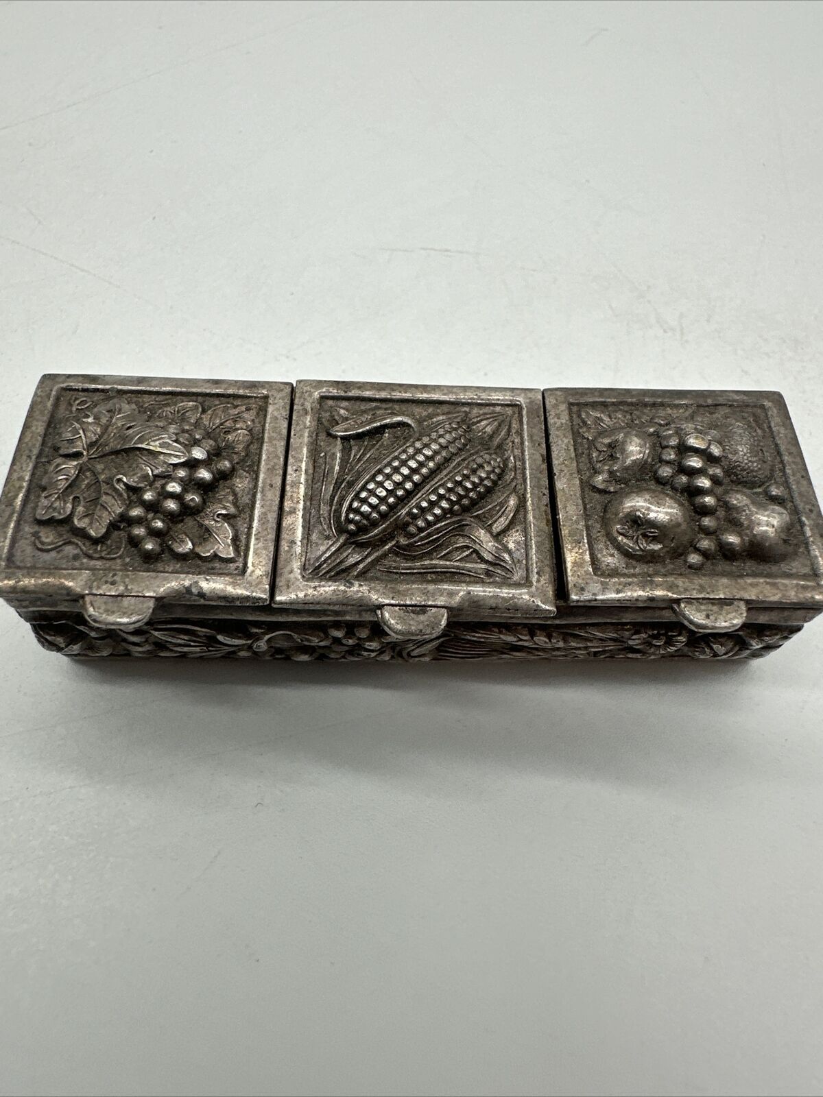 Vtg Silverplated Repousse Fruits & Vegetable Pill Box 2 1/3” PORTUGAL