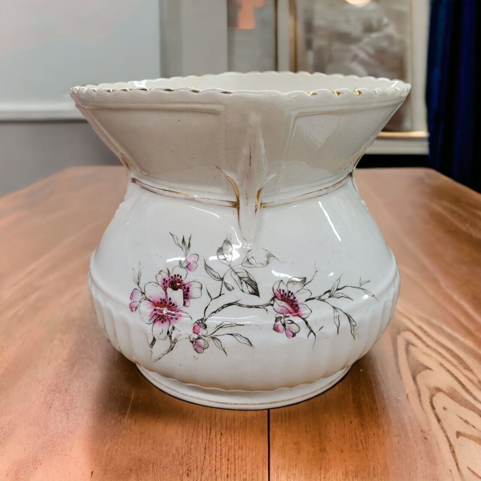 Antique Burgess & Campbell Large Spittoon Cuspidor Vase Porcelain Pink Flowers