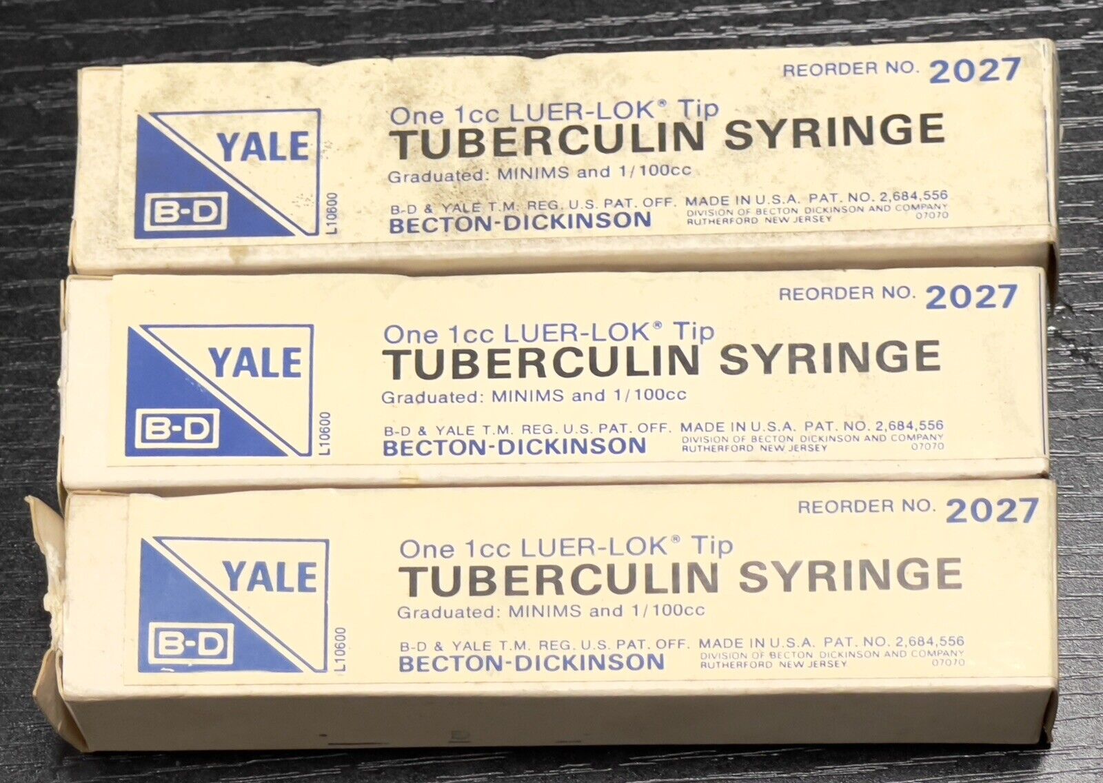 Lot of 3 B-D Yale 1cc Tuberculin Syringe # 2027 Luer-Loc Tip Made In USA